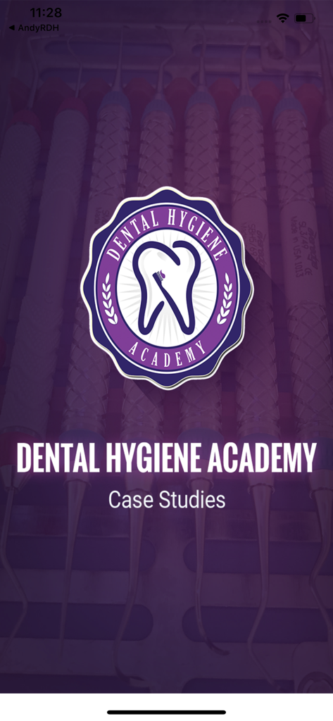 DentalHygieneAcademy CaseStudy - La pantalla de bienvenida de la aplicación Dental Hygiene Academy Case Studies con un logo con un diente y un fondo de instrumentos dentales.
