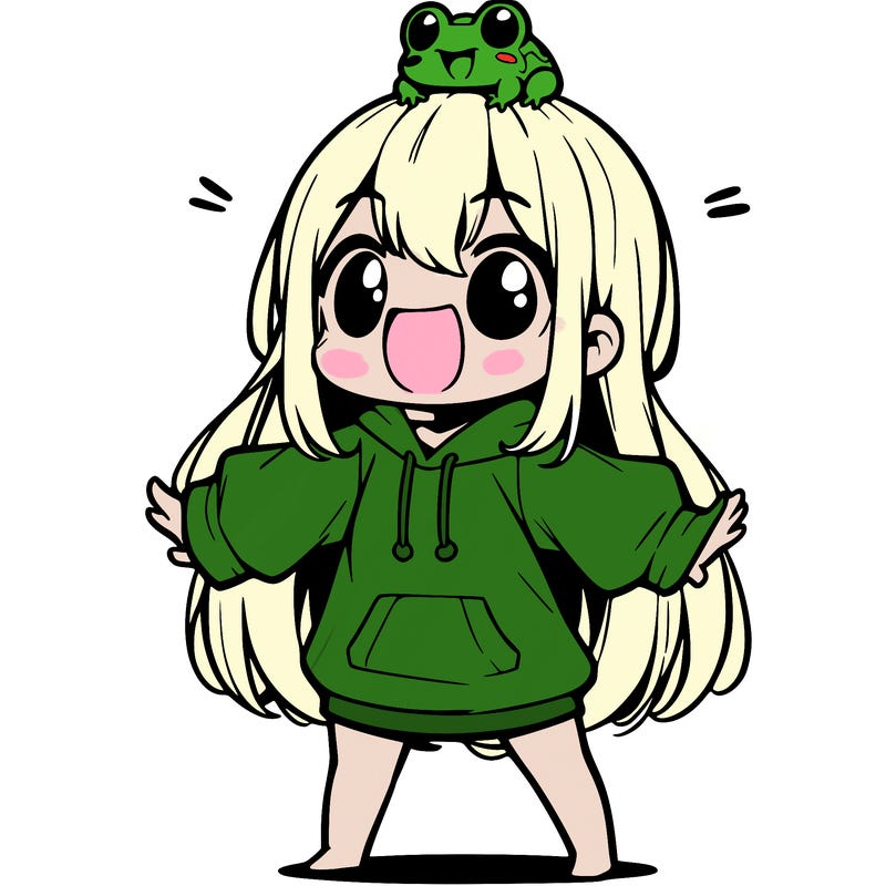 a excited chibi girl whith long hair and a baggy shirt whith a frog on there head