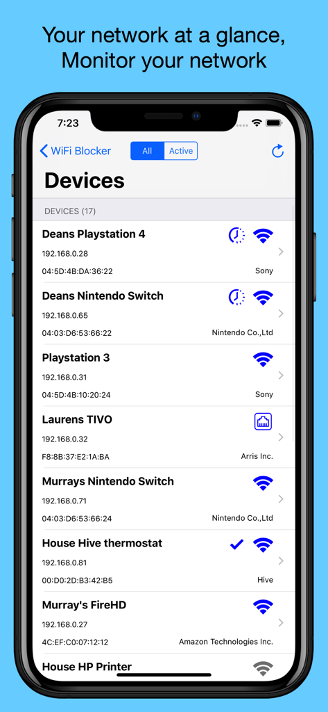 WiFi Blocker 앱 인터페이스로, 홈 네트워크에 연결된 기기 목록이 표시됩니다