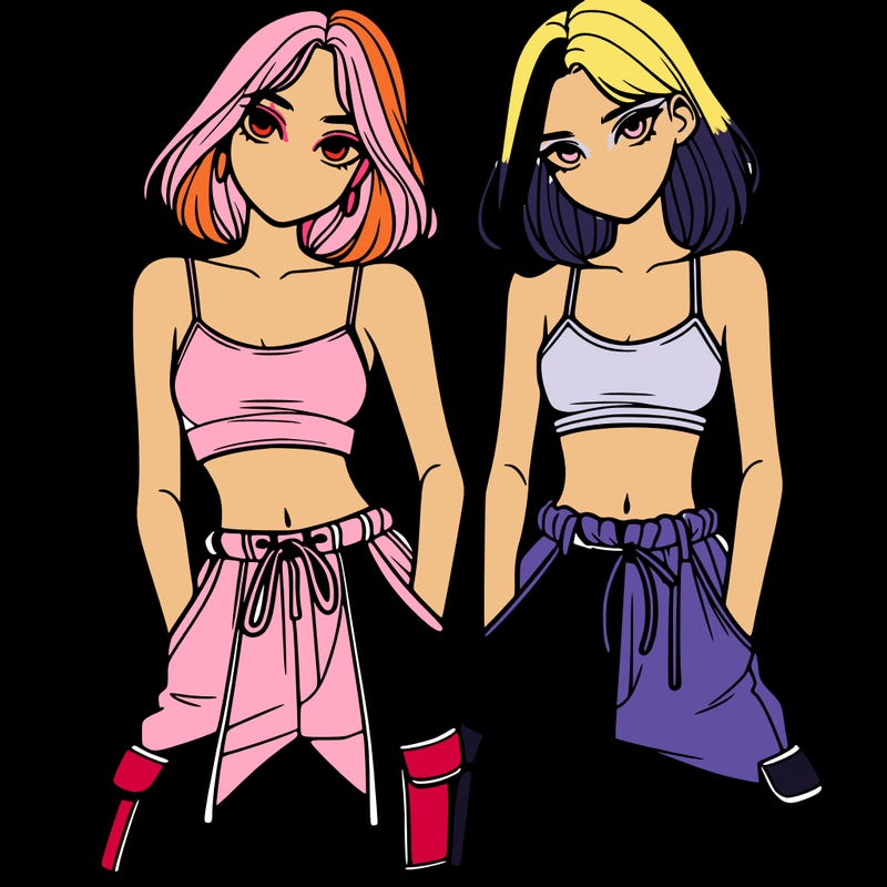 two girls with crop top with baggy pants