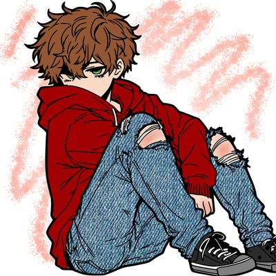 a male hoddie ripped jeans messy hair anime