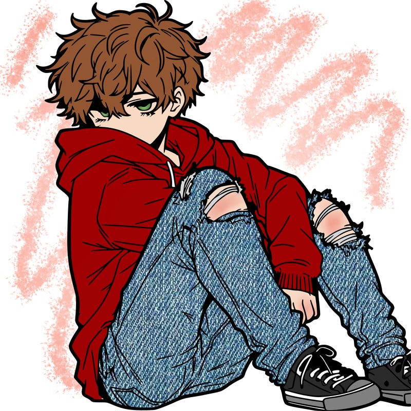 a male hoddie ripped jeans messy hair anime