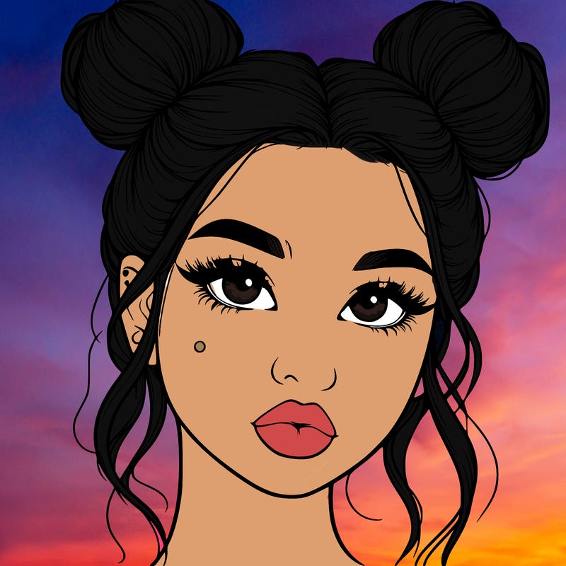 realistic girl with two buns on her hair and lips