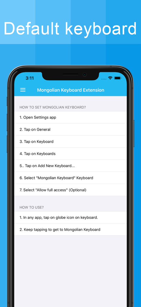 A step by step guide on how to set up and use the Mongolian keyboard extension on an iPhone.