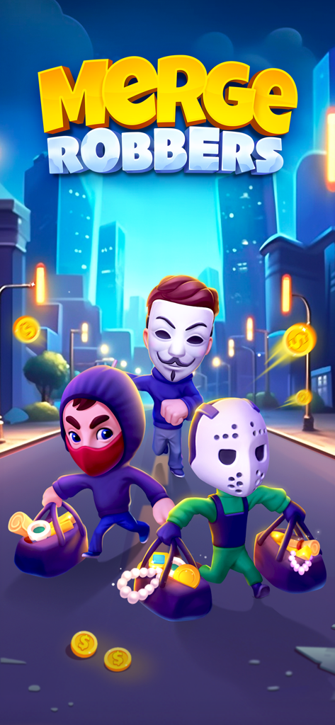 Merge Robbers: Idle Mining - Tres ladrones de dibujos animados llevando bolsas de botín en una ciudad por la noche bajo el título del juego Merge Robbers