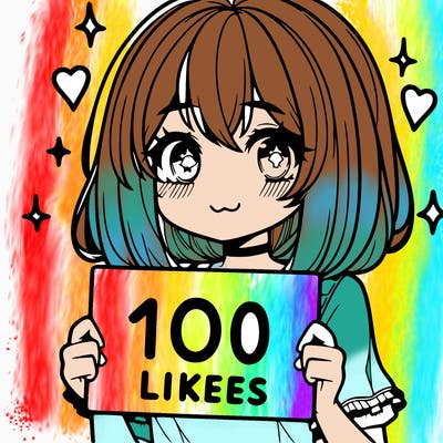 anima girl holding a 100 likes sign in her hand