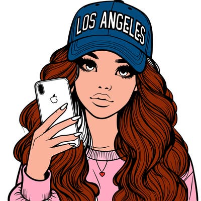 realistic beautiful girl wearing los ángeles cap holding an iphone