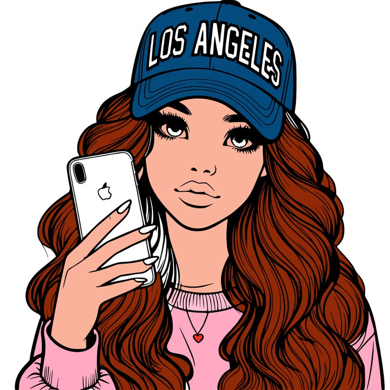 realistic beautiful girl wearing los ángeles cap holding an iphone