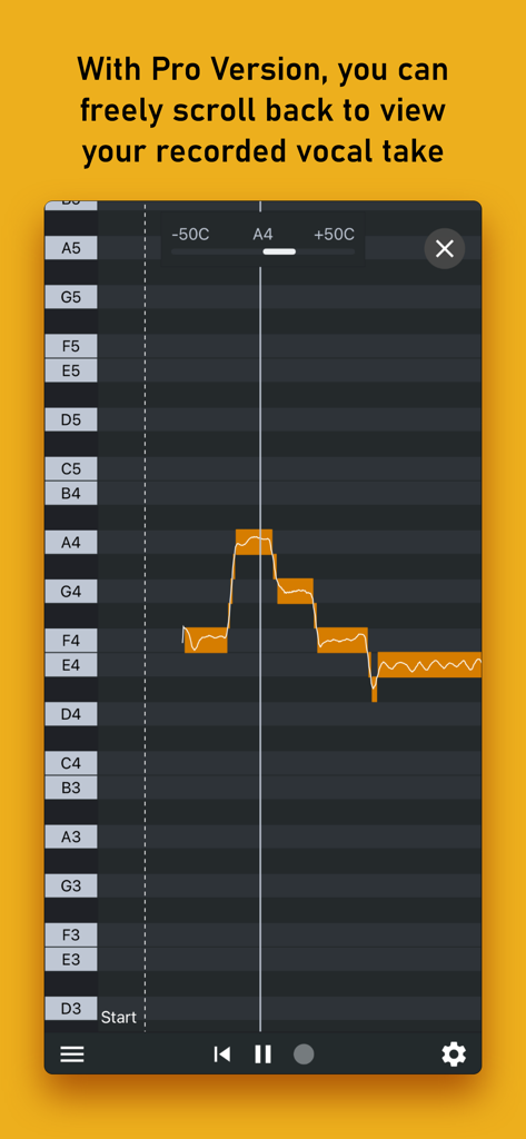 Nail the Pitch - Vocal Monitor - Interface of Nail the Pitch app showing a recorded vocal take with a pitch graph over a musical staff