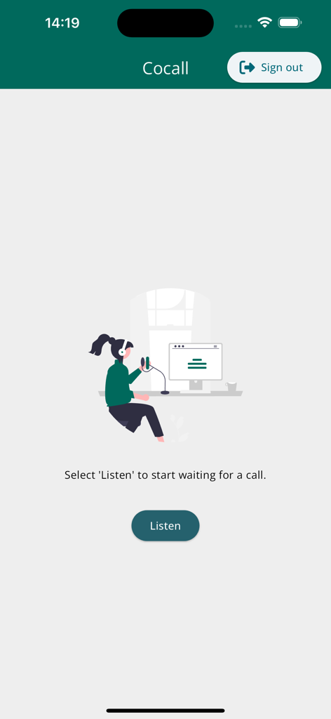 Cocall - Interfaz de la aplicación Cocall con un botón de Escuchar para comenzar a recibir llamadas comerciales