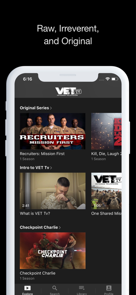 VET Tv app interface showing original military comedy series and original veteran content.