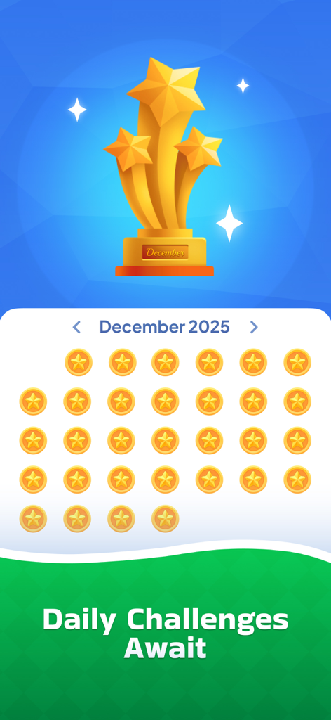 Sudoku Now! - Calendario de desafíos diarios de Sudoku Ahora mostrando el progreso mensual y una recompensa de trofeo dorado