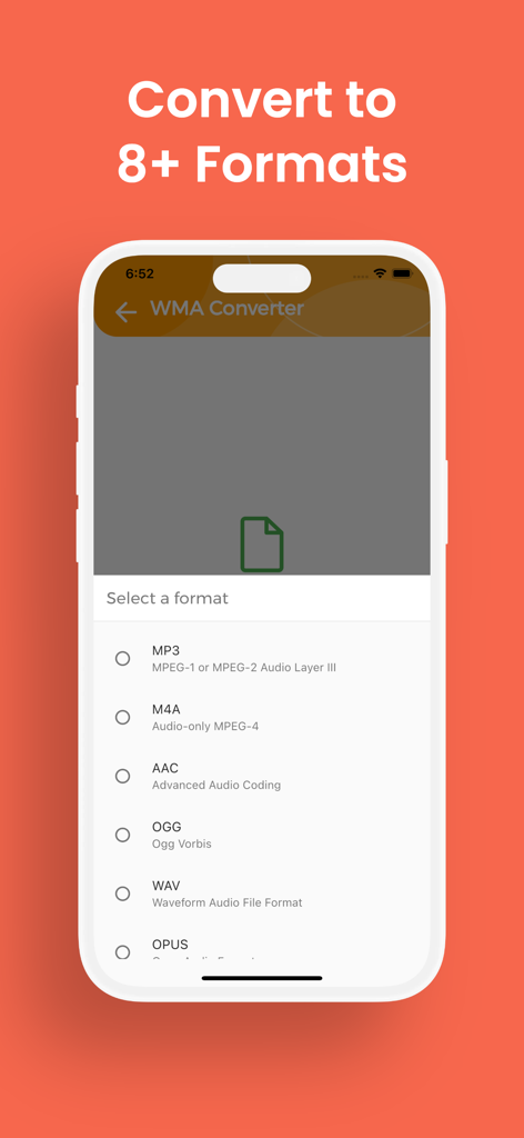Oberfläche der WMA Converter App mit einer Auswahlliste für verschiedene Audioformate, einschließlich MP3, M4A und WAV