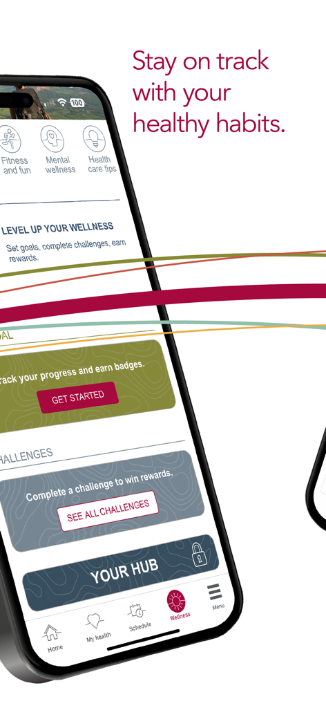 UCHealth app interface showing wellness goals and healthy habit rewards tracking