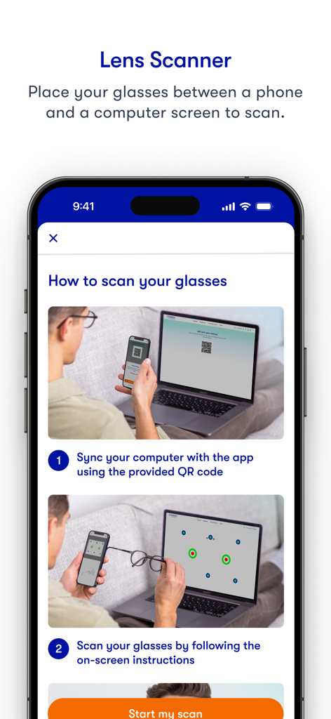 Ein Schritt-für-Schritt-Tutorial in der The Framery-App, das zeigt, wie der Brillenscanner durch Synchronisierung eines Telefons mit einem Computerbildschirm verwendet wird.