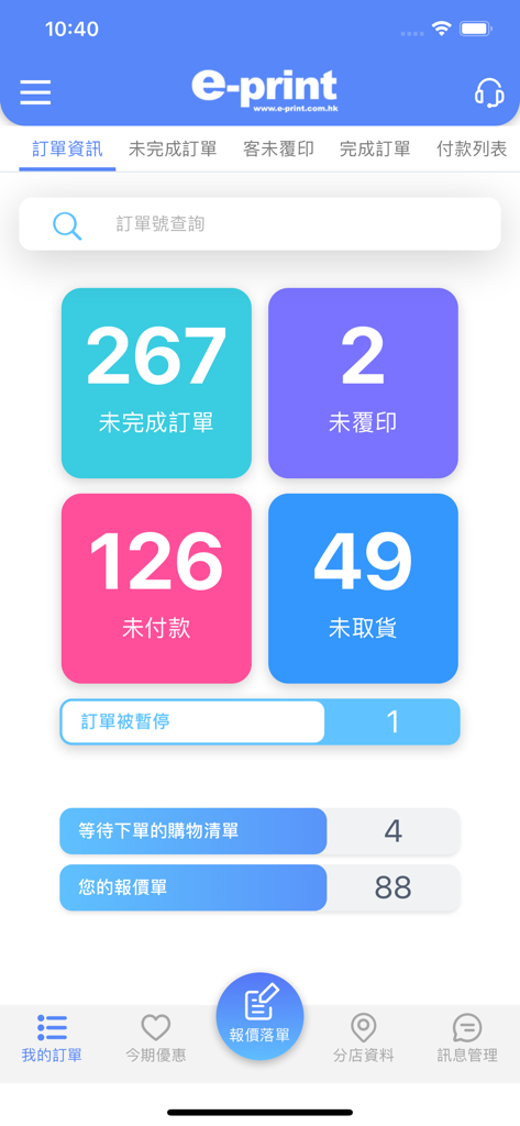 e-print - Dashboard of the e-print app showing order statistics, payment status, and quotes in Traditional Chinese.