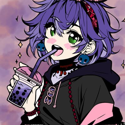 hot baddie anime girl drinking boba and biting the straw