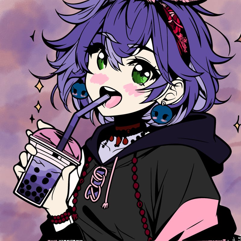 hot baddie anime girl drinking boba and biting the straw