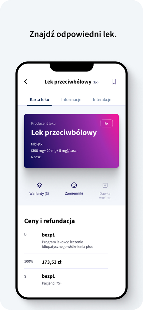 Remedium - A mobile interface from the Remedium app showing detailed medication information and pricing in Polish