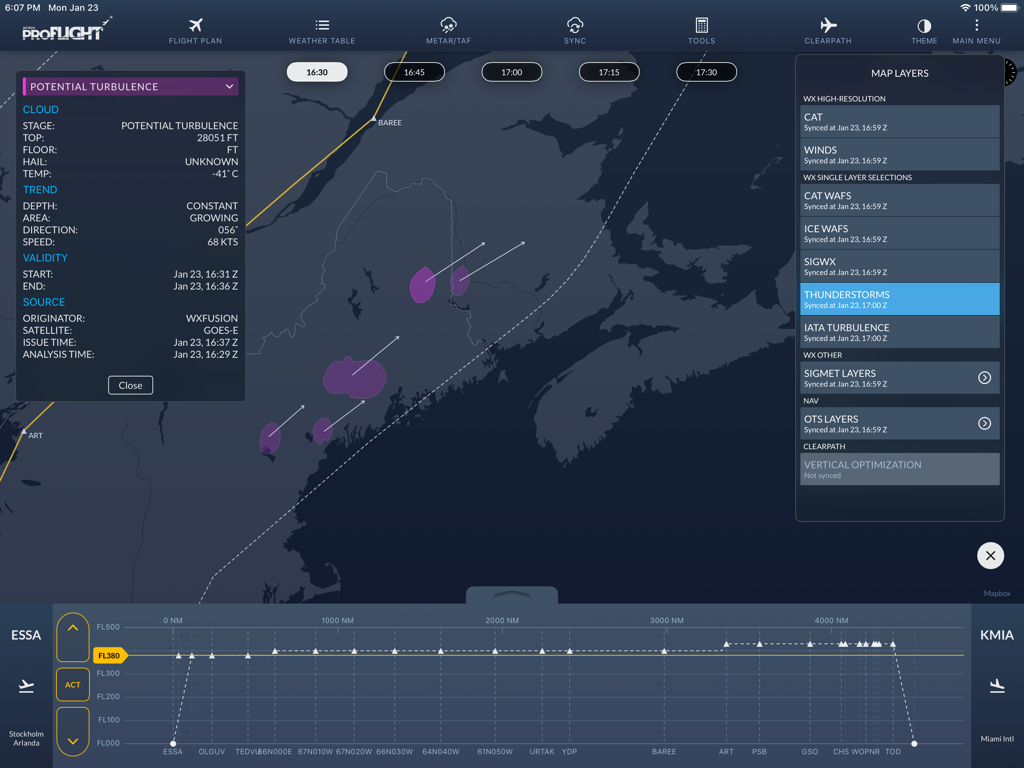AVTECH proFLIGHT interface displaying potential turbulence on a map and a vertical flight profile from Stockholm to Miami