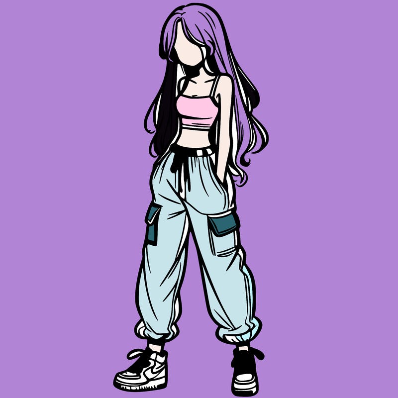 girl in baggy pants crop top and long hair