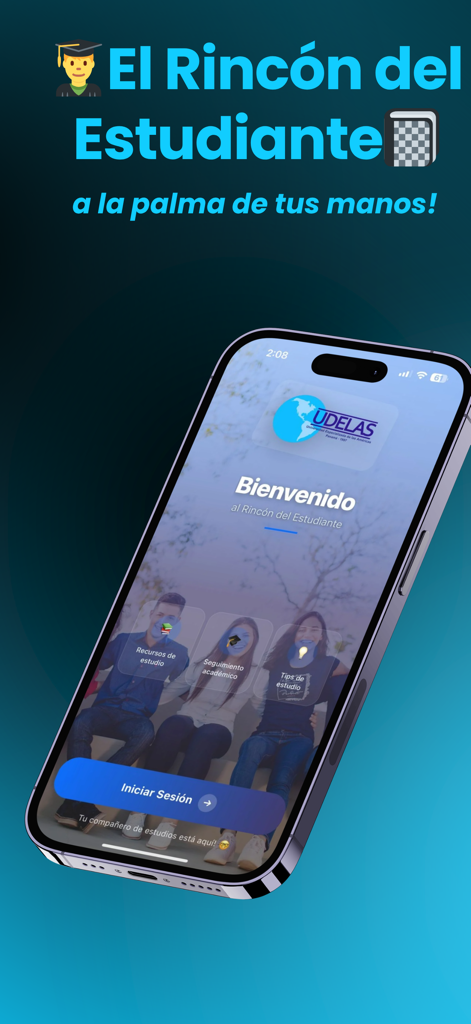 Pantalla de bienvenida de la aplicación móvil UDELAS Rincon Movil para estudiantes