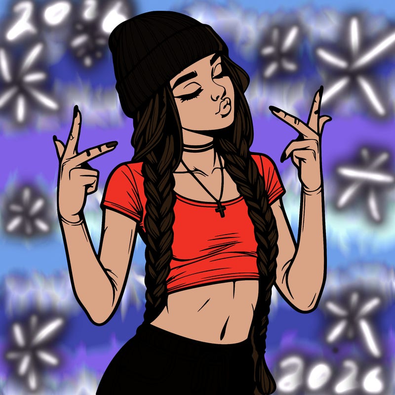 realistic teenage girl with braids and a beanie and crop top doing 🫶🏼