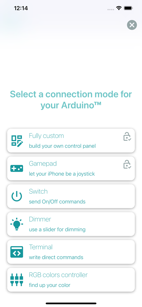 Interface showing connection mode options for Arduino including Gamepad, Switch, Dimmer, Terminal, and RGB controller.