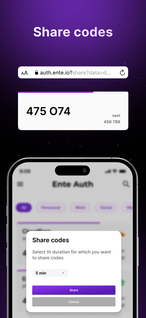 Ente Auth - 2FA Authenticator - A screenshot of Ente Auth showing the share codes feature on a mobile device and web browser
