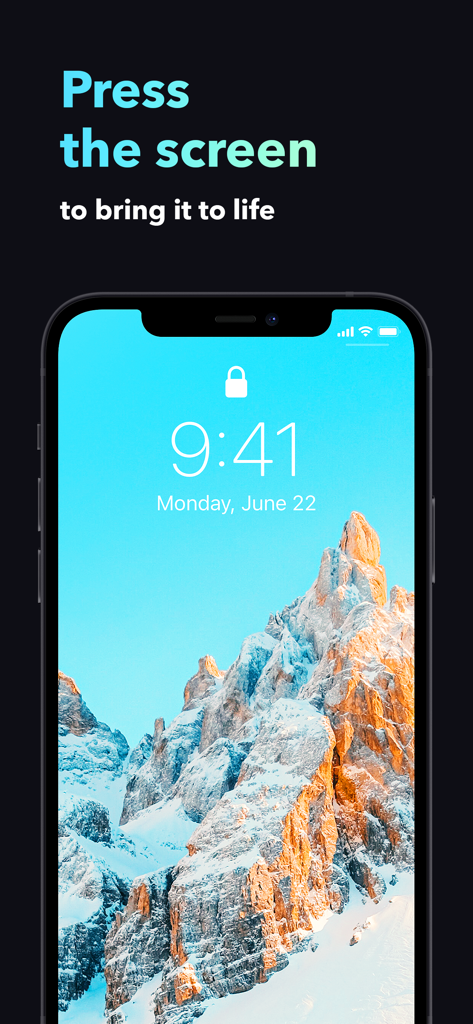 iPhone-Sperrbildschirm mit einem 4K-Berg-Live-Hintergrund und Anweisungen zum Drücken des Bildschirms