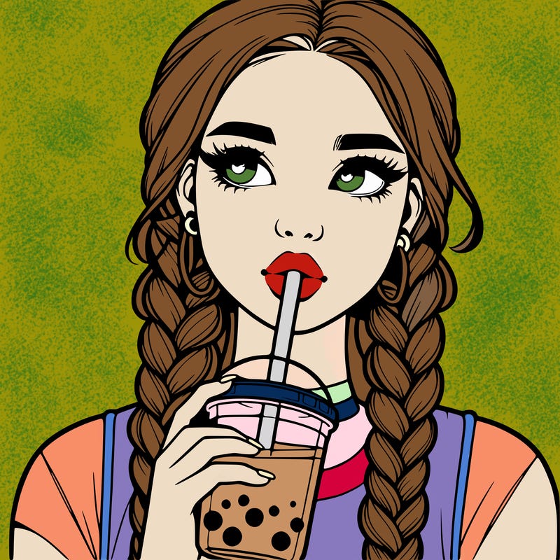 realistic girl with braided hair drinking boba