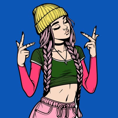 realistic teenage girl with braids and a beanie and crop top doing 🫶🏼
