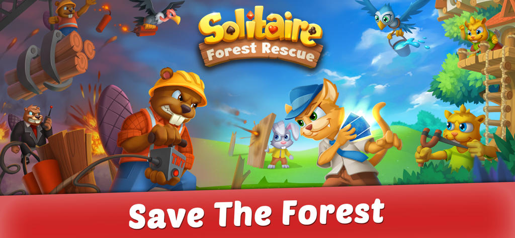 Solitaire: Forest Rescue - Solitaire Forest Rescue game promo featuring cartoon animal characters and the text Save The Forest