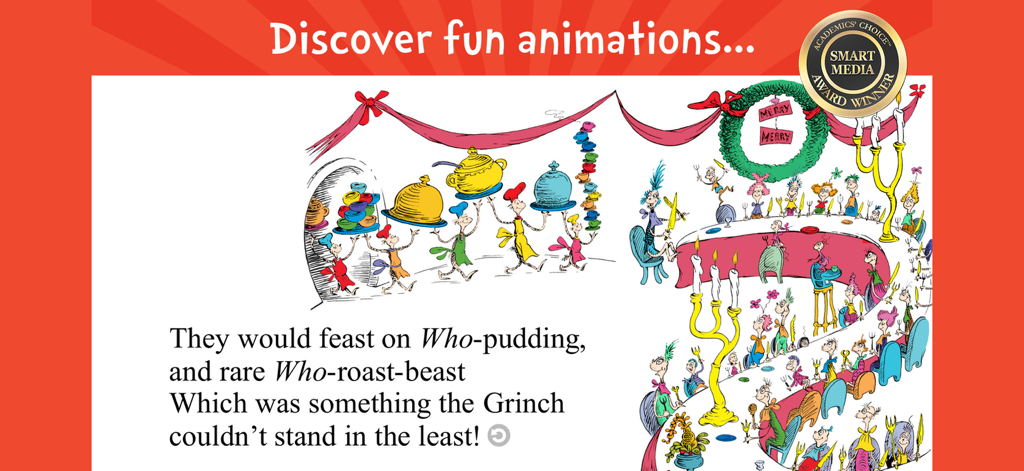 How the Grinch Stole Christmas - グリンチのデジタル絵本アプリで、プリンとロースト・ビーストを食べるフーたちの様子。