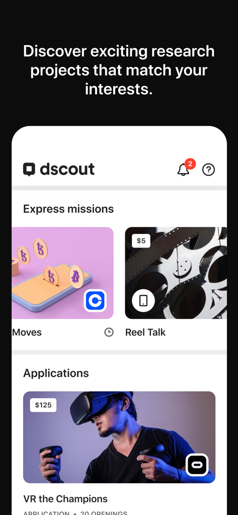 dscout - The dscout app interface showing available express missions and high paying research applications for gig workers
