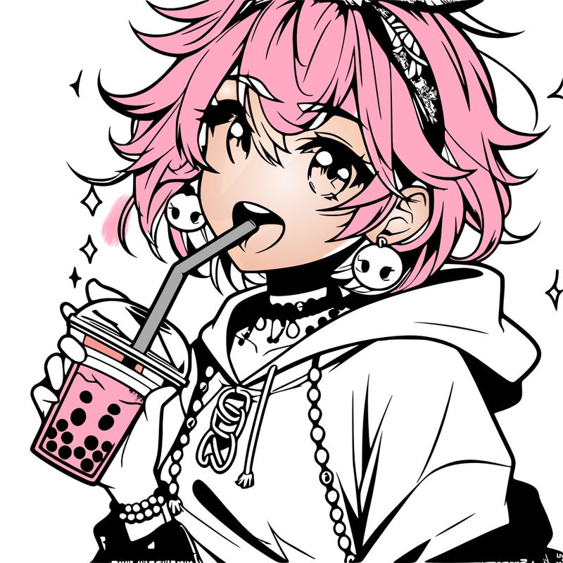 hot baddie anime girl drinking boba and biting the straw