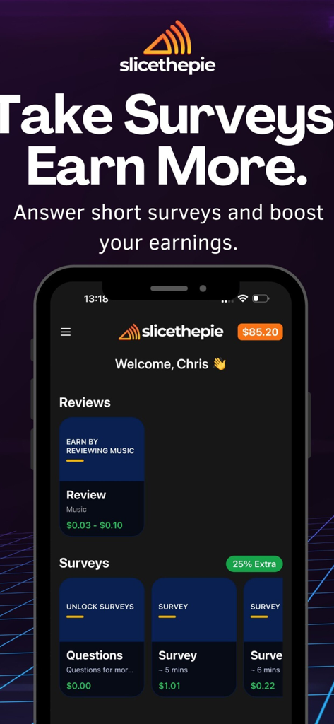 SliceThePie mobile app interface showing options to review music and take surveys for rewards