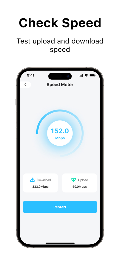 Security Camera App - CamScan - Mobile app interface of CamScan showing a network speed meter with download and upload speed results.