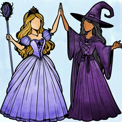 detailed realistic split of a princess and a witch