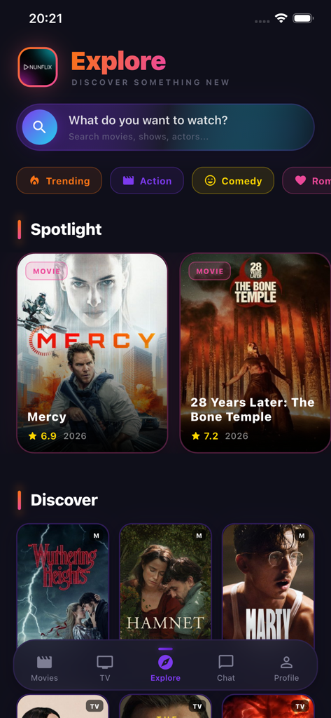 Interfaz de exploración de la aplicación NunFlix que muestra recomendaciones de películas y títulos populares con una barra de búsqueda.
