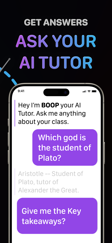 Mobile screenshot of the TLDL app showing a chat interface where a student asks an AI tutor questions about their lecture notes