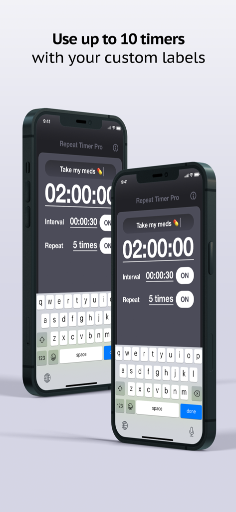 Repeat Timer: Interval Remind - Repeat Timer Pro app interface on iPhone showing a custom label for medication reminders and interval settings.
