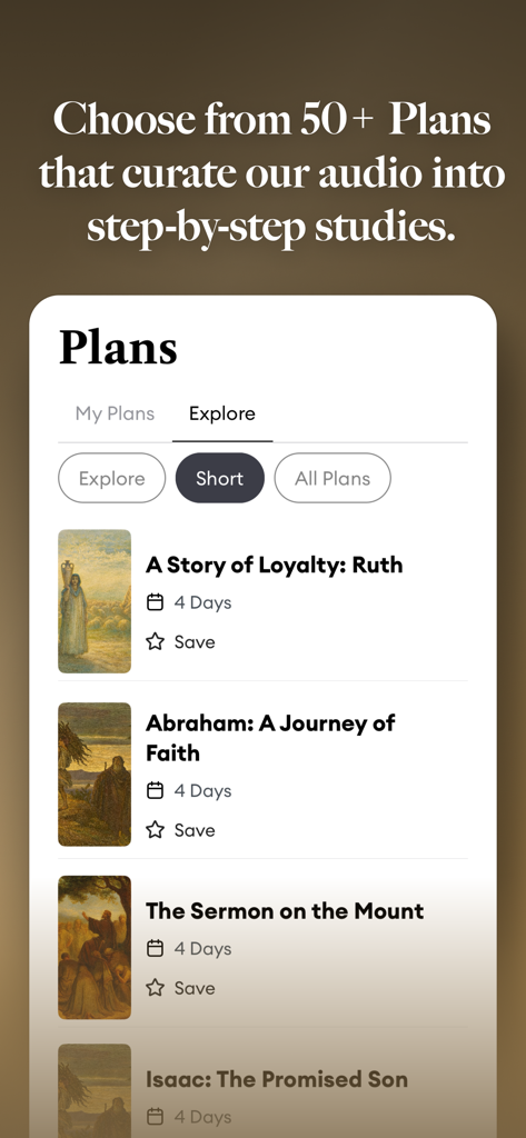 Rebind Study Bible - Explore screen of the Rebind Study Bible app showcasing curated 4-day Bible study plans with classical art illustrations.