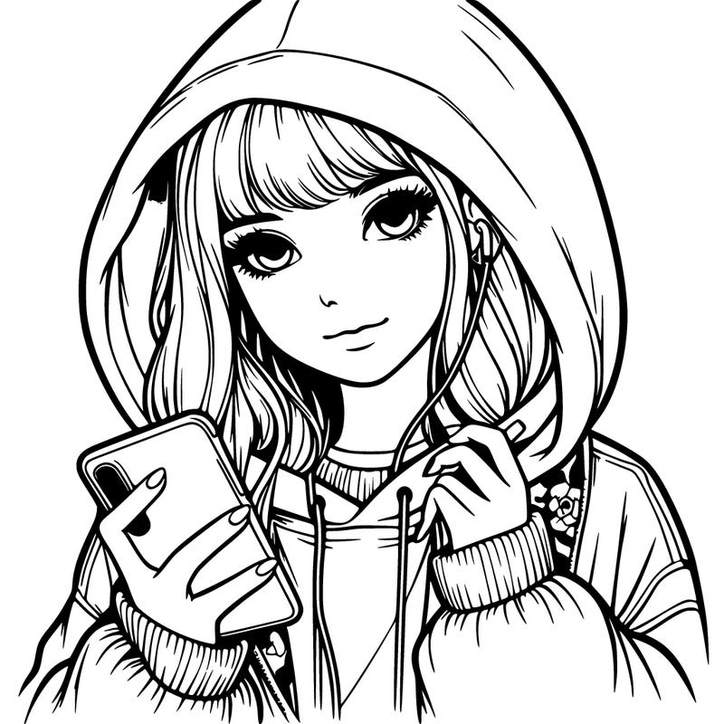 realistic girl with oversized hood and holding a phone