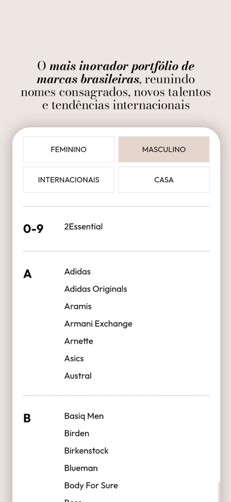 Shop2gether - Interface do aplicativo móvel Shop2gether mostrando um diretório alfabético de marcas de moda premium e categorias de compras