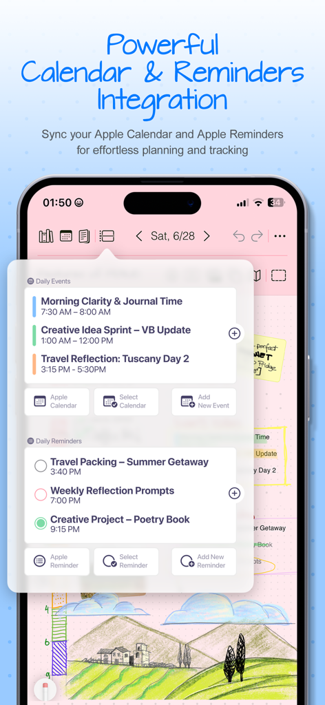 Penjo: Pencil Journal, Planner - Capture d'écran de l'application Penjo montrant l'intégration des événements du Calendrier Apple et des Rappels Apple dans une interface de journal numérique.