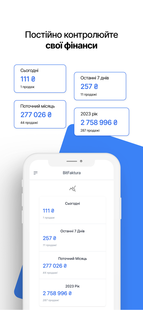 BitFaktura mobile app dashboard displaying revenue and sales statistics in Ukrainian