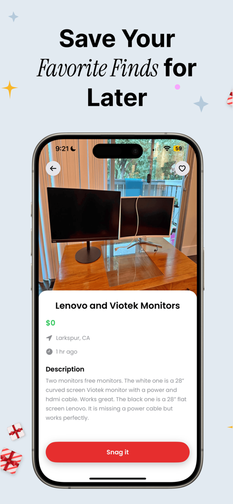 Snag - Zero Dollar Items - Mobile phone displaying a free computer monitors listing on the Snag app interface.