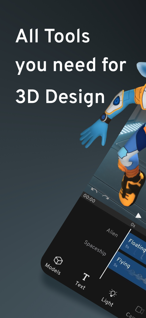 Oberfläche der Prisma3D-Mobil-App, die 3D-Charakter-Animations- und Designwerkzeuge zeigt