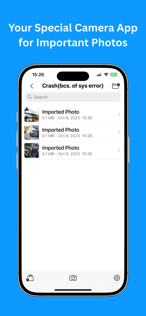車の事故保険写真専用アルバムを備えたPhoto Folderアプリを表示するiPhone画面